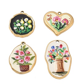 304 Stainless Steel Enamel Pendants, Flower Pattern Charms, Golden