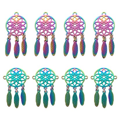 DIY Jewelry Making Kits, Including 10Pcs 2 Style Rainbow Color Ion Plating(IP) 201 Stainless Steel Pendants & Links, Woven Net/Web with Feather