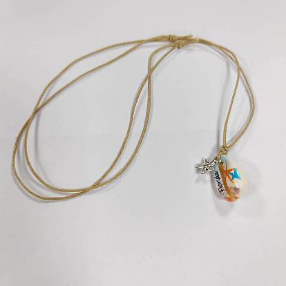Natural Shell & Alloy Starfish Pendant Necklaces, with Waxed Cotton Cords