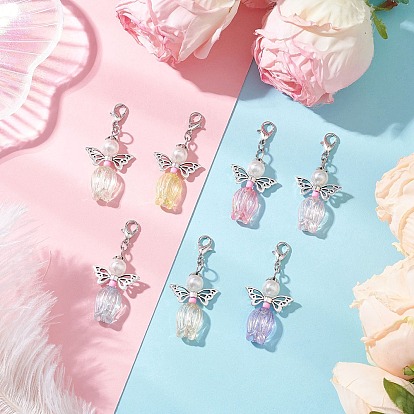 Colgante de cuentas redondas de perlas de cristal con forma de ángel, Con plástico acrílico ABS transparente y cierres de pinza de langosta, adornos para bolsos.
