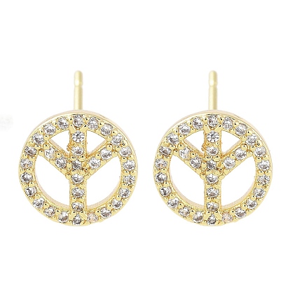 Brass Micro Pave Clear Cubic Zirconia Studs Earring, Flat Round with Peace Sign