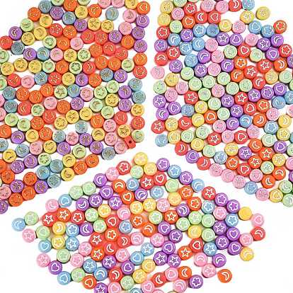 600Pcs 3 Style Opaque Acrylic Beads, Metal Enlaced, Flat Round with Star & Flower & Moon & Heart
