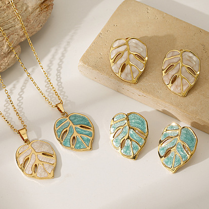 304 Stainless Steel Enamel Hollow Leaf Pendant Necklaces for Women, Golden