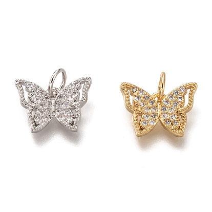 Brass Micro Pave Clear Cubic Zirconia Charms, Cadmium Free & Lead Free, Long-Lasting Plated, Butterfly