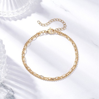 304 многослойные браслеты из нержавеющей стали, браслеты с цепочками из шариков и скрепок для женщин, с латунным