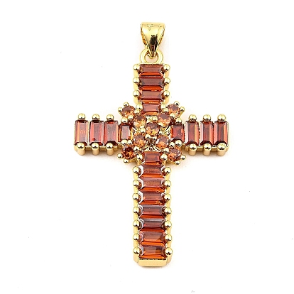 Rack Plating Real 18K Gold Plated Brass Pendants, with Cubic Zirconia, Long-Lasting Plated, Lead Free & Cadmium Free, Cross