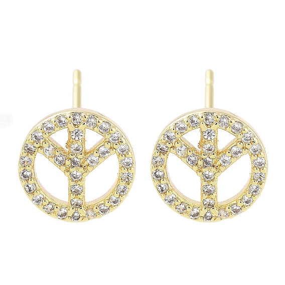 Brass Micro Pave Clear Cubic Zirconia Studs Earring, Flat Round with Peace Sign