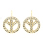 Brass Micro Pave Clear Cubic Zirconia Studs Earring, Flat Round with Peace Sign