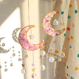 Natural Amethyst Chips Moon & Glass Teardrop Suncatchers, Hanging Ornaments Home Garden Decoration
