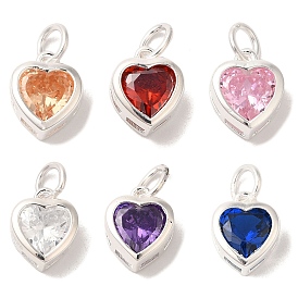 925 Sterling Silver Cubic Zirconia Heart Charms with Jump Rings, Silver Color Plated