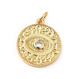 Rack Plating Brass Micro Pave Clear Cubic Zirconia Pendants, Cadmium Free & Nickel Free & Lead Free, Flat Round with Eye