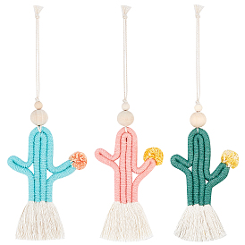 CHGCRAFT 3Pcs 3 Colors Cotton Pendant Decorations, with Wooden Beads, Cactus