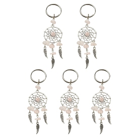 Natural Chip Gemstone Keychain, with Tibetan Style Pendants and 316 Surgical Stainless Steel Key Ring, Woven Net/Web with Feather