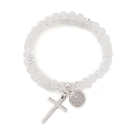 Браслеты из двух нитей с бусинами из натурального окрашенного голубого кружевного агата, 201 женские браслеты с подвесками из нержавеющей стали, крест и плоский круг со святым Бенедиктом