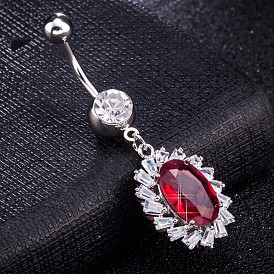 Brass Cubic Zirconia Navel Ring, Belly Rings, with 304 Stainless Steel Bar, Cadmium Free & Lead Free, Oval