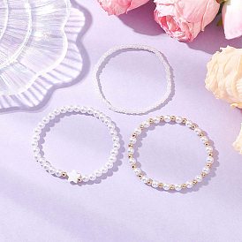 3 шт. 3 стили АБС-пластиковые искусственные жемчужные бусины и ракушечные бусины эластичные браслеты для женщин, со стеклянными бисеринами