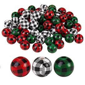 105Pcs 3 Colors Natural Wooden Beads, Plaid Beads, Tartan Pattern, Dyed, Round