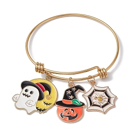 Halloween Theme Adjustable Stainless Steel Bangles, Ghost & Pumpkin & Spider Web Alloy Enamel Charm Bangles for Women, Golden