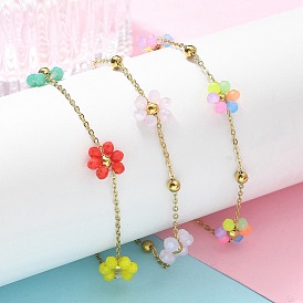 304 Stainless Steel & Synthetic Stone Daisy Flower Chain Anklets for Women, Real 18K Gold Plated