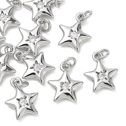 SHEGRACE Brass Clear Cubic Zirconia Pendants, Star Charms, Cadmium Free & Lead Free & Nickel Free