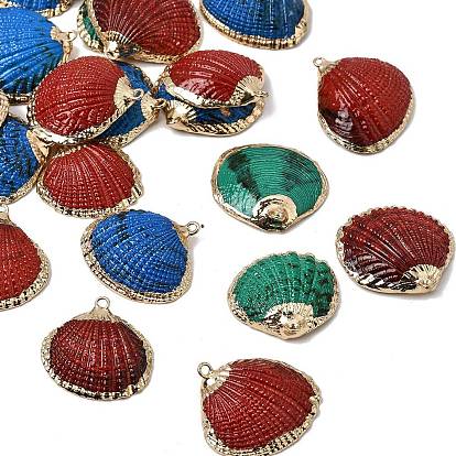 Brass & Spray Painted Natural Shell Pendants, Shell  Shape Charms, with Golden Plated Edge