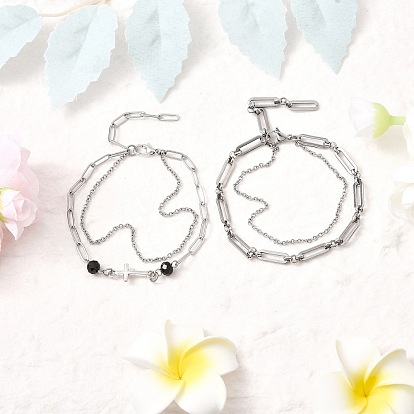 2Pcs 2 Styles 304 Stainless Steel Cable & Paperclip Chain Bracelets Multi-layered Bracelets, Alloy & Glass Link Bracelets for Women, Cross