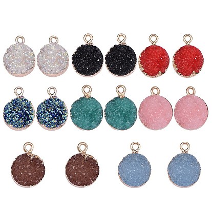 16Pcs 8 Colors Electroplate Druzy Resin Pendants, with Light Gold Iron Findings, Flat Round
