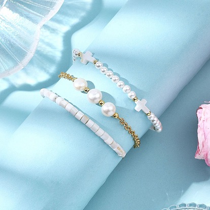 3 шт. 3 стили: браслеты из ракушечного жемчуга, цепочка роло из латуни, плетеные браслеты из натурального культивированного пресноводного жемчуга для женщин, крестик