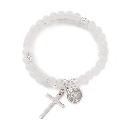 Браслеты из двух нитей с бусинами из натурального окрашенного голубого кружевного агата, 201 женские браслеты с подвесками из нержавеющей стали, крест и плоский круг со святым Бенедиктом