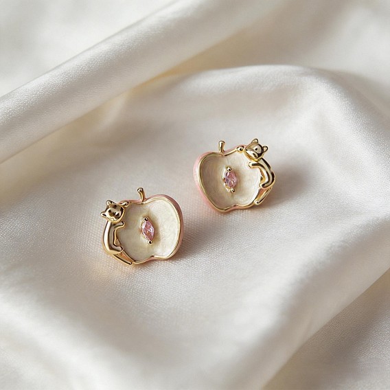 Pendientes de botón de latón con circonita cúbica individual engastada para mujer., manzana con forma de gato, con esmalte, dorado