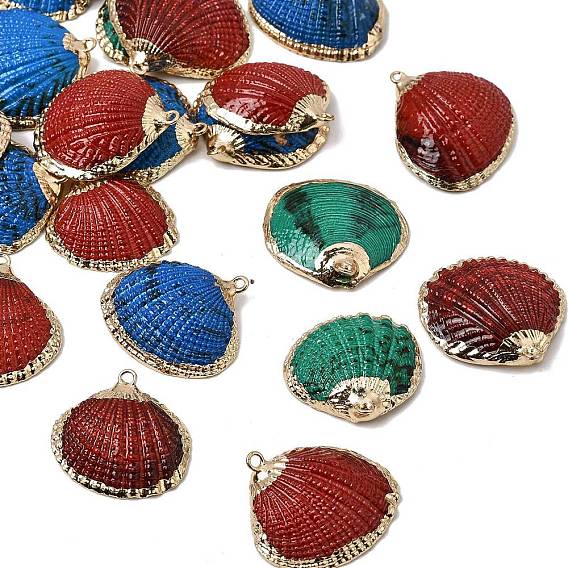 Brass & Spray Painted Natural Shell Pendants, Shell  Shape Charms, with Golden Plated Edge