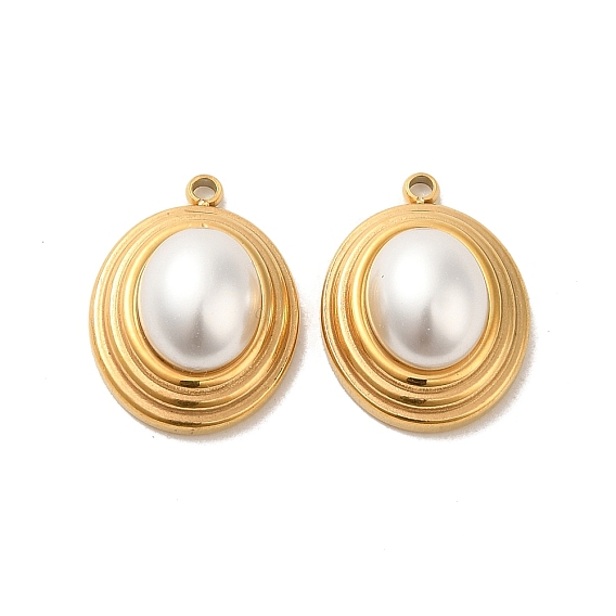 304 Stainless Steel Pendants, with ABS Plastic Pealr, Oval Charms
