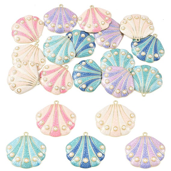 15Pcs 5 Colors Alloy Enamel Pendants, Shell Shape Charms, with ABS Imitation Pearl, Long-Lasting Plated, Rack Plating, Golden