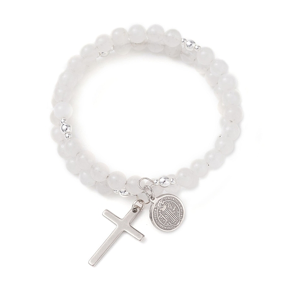 Браслеты из двух нитей с бусинами из натурального окрашенного голубого кружевного агата, 201 женские браслеты с подвесками из нержавеющей стали, крест и плоский круг со святым Бенедиктом