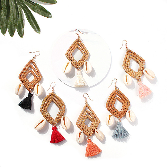 Western Style Dangle Earings, with Woven Rattan, Cowrie Shell and Tassel, Rhombus