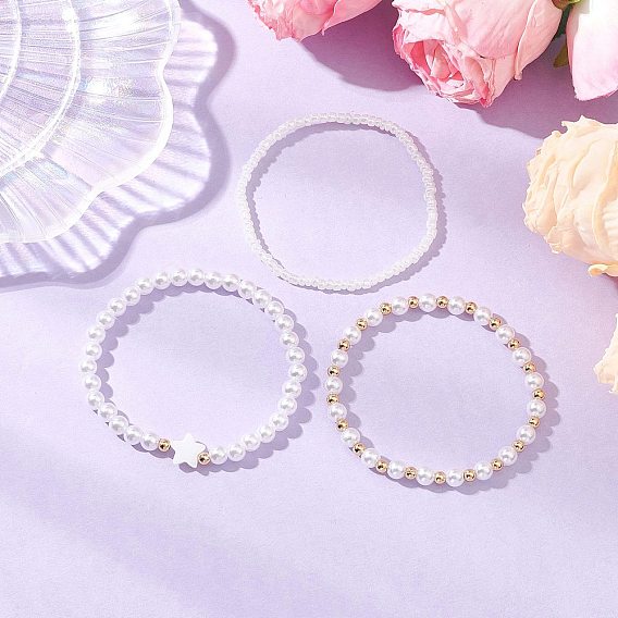 3 шт. 3 стили АБС-пластиковые искусственные жемчужные бусины и ракушечные бусины эластичные браслеты для женщин, со стеклянными бисеринами