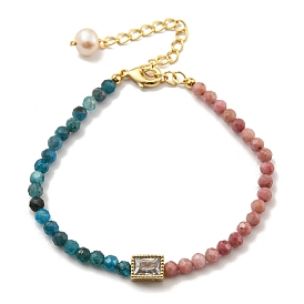 Round Natural Apatite & Rhodonite Beaded Bracelets, Rectangle Brass Pave Clear Glass Bracelets with Natural Pearl for Women