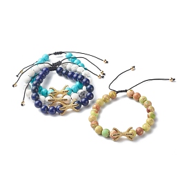 Natural Mixed Stone Braided Bead Bracelets, with Brass Beads