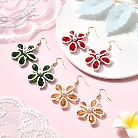 Glass Flower Dangle Earrings, with Brass Earring Hooks & Shell Pearl, Golden