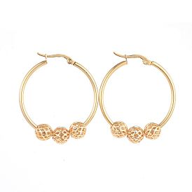 304 Stainless Steel Hoop Earrings, with Real 18K Gold Plated Brass Hollow Round Beads