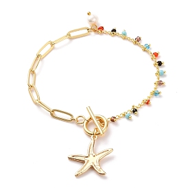Brass Starfish Charm Bracelets, with Paperclip Chains, Glass Beads, Natural Pearl Beads and 304 Stainless Steel Toggle Clasps, Colorful