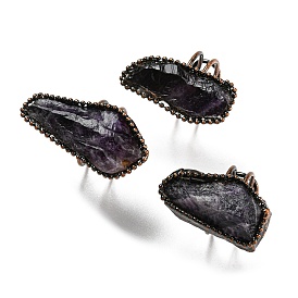 Irregular Rectangle Natural Amethyst Adjustable Rings, Red Copper Tin Finger Ring, Cadmium Free & Lead Free
