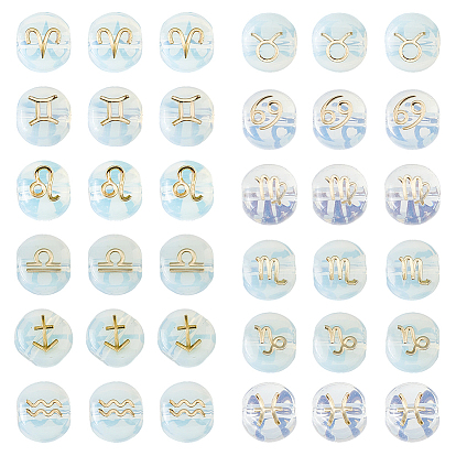 36Pcs 12 Styles Glass Beads, Flat Round with Constellation