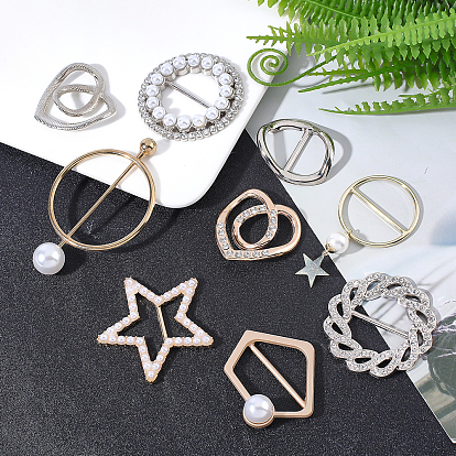 SUPERFINDINGS 9Pcs 9 Style Alloy Rhinestone Slide Bowknot Buckles & Scarf Clips Brooches, with Natural Pearl, Oval & Ring & Heart & Star