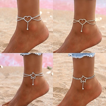 Теннисные браслеты из сплава в форме сердца со стразами, двухслойные браслеты на щиколотку