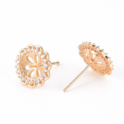 Brass Micro Pave Clear Cubic Zirconia Stud Earrings Findings, for Half Drilled Bead, Nickel Free, Flower