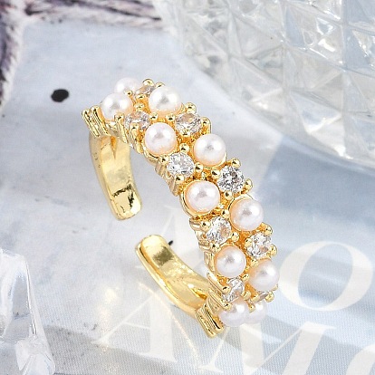 Открытые манжеты из латуни с микропаве и прозрачным цирконием для женщин, с пластиковой жемчужины