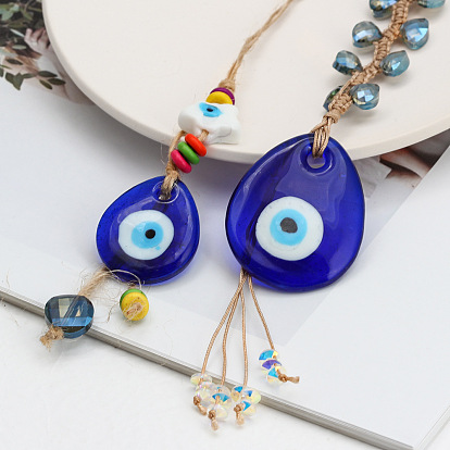 Evil Eye Glass Pendant Decorations, Tassel Hemp Rope Hanging Ornament, Royal Blue