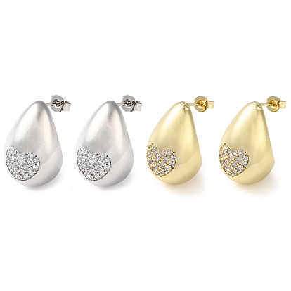 Teardrop with Heart Brass Micro Pave Clear Cubic Zirconia Stud Earrings, Long-Lasting Plated, Lead Free & Cadmium Free
