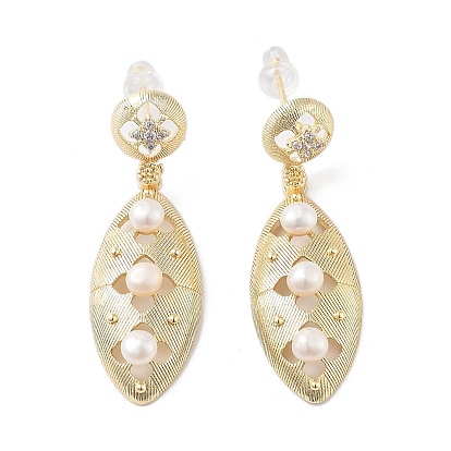 Natural Pearl Dangle Stud Earrings, with Brass Micro Pave Cubic Zirconia Findings and 925 Sterling Silver Pins, Horse Eye
